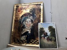 An oil on board 'gaming' portrait and an unframed oil on board coaching scene