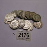 15 George V silver half crowns, approximately 210 grams.