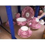A 6 piece Victorian tea set by Edwin James Drew Budley - pink/floral bird design with gold coloured
