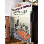 A card shop advert for Siemens Siemax radio battery with depiction of footballers