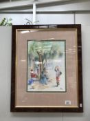 A framed and glazed watercolour of an African street scene