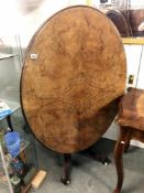 A good Victorian oval centre pedestal walnut tip top table