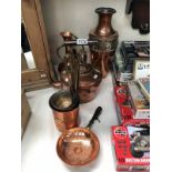 9 pieces of copperware including graduated set of 5 measuring jugs/ladles, kettle, vase etc.