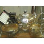 A 3 piece silver plate tea set and other silver plate.