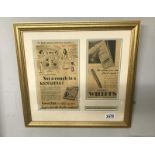 Framed and glazed prints of vintage tobacco adverts for Kensitas and Wills's Whiffs