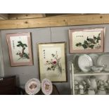 3 framed and glazed Oriental silks of birds and flowers