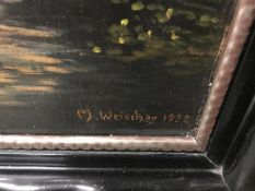 An oil on board German Sunset signed M Weischer,