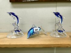 3 art glass Dolphins