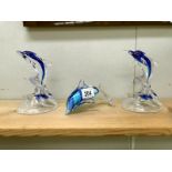 3 art glass Dolphins