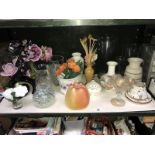 A shelf of miscellaneous including vases, a large wax apple etc.