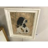 A Joyce Platt (British born 1920) framed oil on board painting of puppy and kitten together