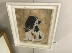 A Joyce Platt (British born 1920) framed oil on board painting of puppy and kitten together