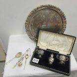 A cased silver plate condiment set, a silver plate tray and various cutlery.