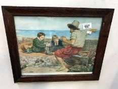 A framed and glazed print of fisherman with children