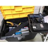 A tool box with tools and a cased Wickes drill etc.