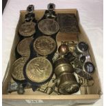 A quantity of miscellaneous metal ware including brass miners lamp, coin horse brasses etc.