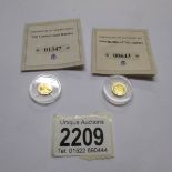 2 Elizabeth II 2000 gold coins, 0.5 grams each.