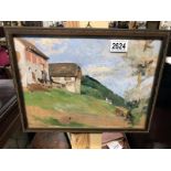 A framed and glazed oil on board "Cottage on hillside" possibly Austria 'Milich' 1916