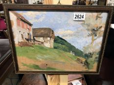 A framed and glazed oil on board "Cottage on hillside" possibly Austria 'Milich' 1916