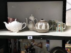 A Jasperware brown glaze teapot Wedgwood coffee pot etc.