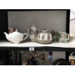 A Jasperware brown glaze teapot Wedgwood coffee pot etc.
