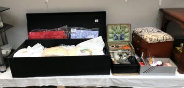 A box of embroided linen and a quantity of sewing boxes etc.