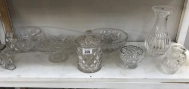 A quantity of moulded glass including bowls, vase, biscuit barrel etc.