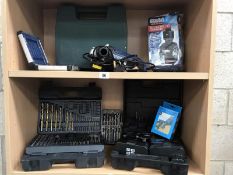 2 shelves of electric and cordless hand tools and drills