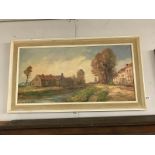 An oil on canvas of rural scene featuring river and houses,