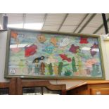 A framed and glazed nautical felt fish collage