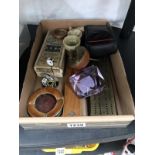An interesting tray including brass cribbage board, binoculars, knives, clock etc.