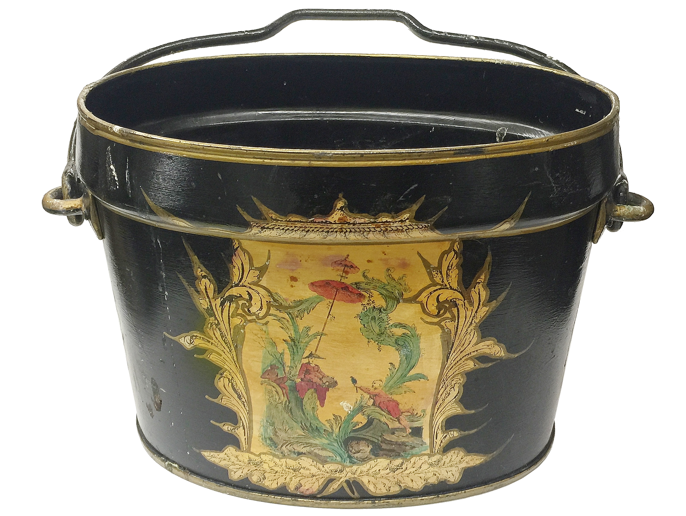 An old black painted bucket with oriental scene,.