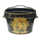 An old black painted bucket with oriental scene,.
