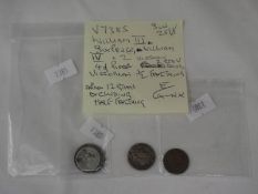 A William III sixpence, 2 William IV sixpences, 2 Victorian 4d pieces,