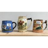 Three vintage mugs including Watcombe, Sandland ware etc.