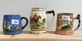 Three vintage mugs including Watcombe, Sandland ware etc.