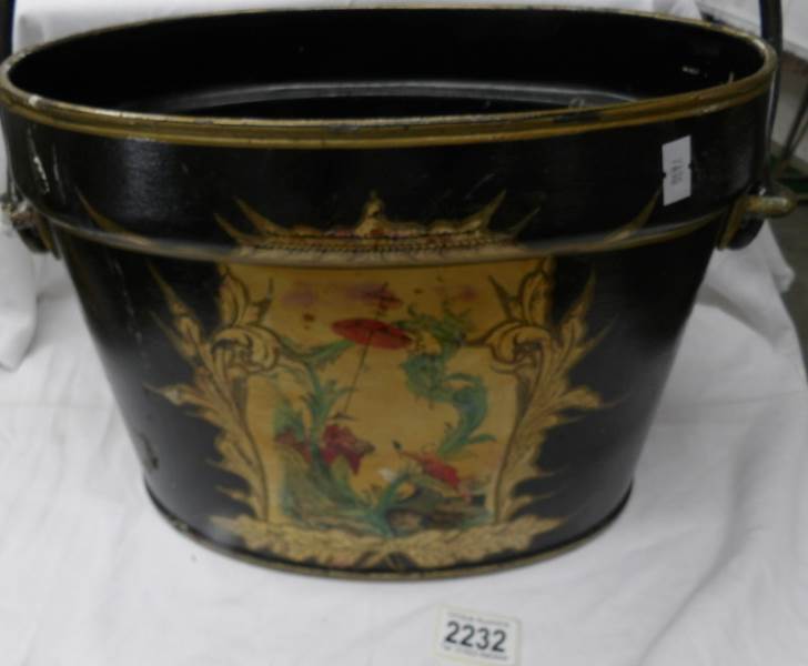 An old black painted bucket with oriental scene,. - Image 2 of 5