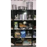5 shelves of catering stainless steel pans etc.