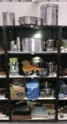 5 shelves of catering stainless steel pans etc.