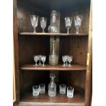 3 sets of cut glass drinking glasses and 3 decanters