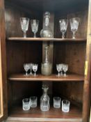 3 sets of cut glass drinking glasses and 3 decanters