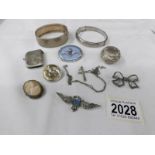 A collection of silver and white metal jewellery including vesta case, bangles, R.A.