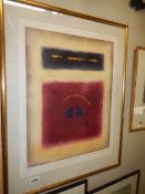 A framed and glazed artist proof abstract 'Omega I' signed James Cox, image 44 x 56 cm.