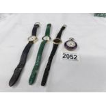 A Victorian ladies fob watch with purple enamelling and 3 ladies wrist watches (Omega De Ville,