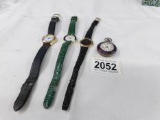 A Victorian ladies fob watch with purple enamelling and 3 ladies wrist watches (Omega De Ville,