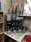 A large quantity of catering stainless steel pans etc plus glass tea cups and saucers