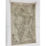 An early 18th century framed and glazed drawing of classical figures,