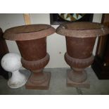 A pair of cast iron garden urns.