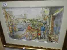 A watercolour painting of a busy British street market scene, signed but indistinct,