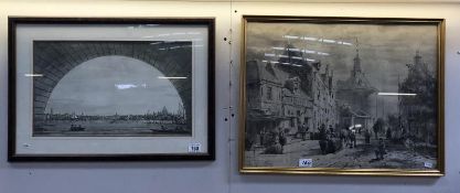 A framed and glazed print of The Thames, London and a German street scene after C.